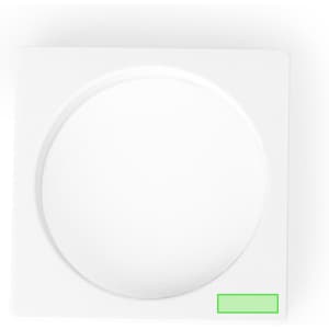 A white circular pouch with a square design, featuring a small green accent. It has a logo on one side.