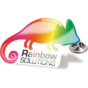 A vibrant, multicoloured lapel pin featuring a chameleon silhouette and a circular pin backing.