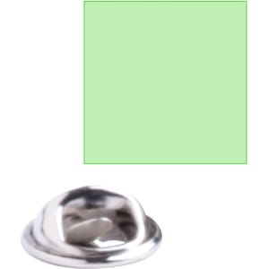A metallic lapel pin in a silver finish with a square of light green behind it.