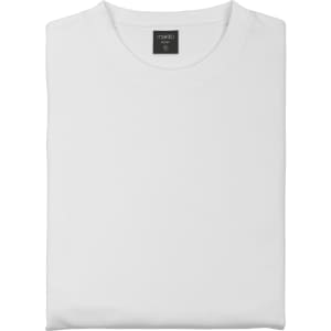 A folded white sweatshirt with a round collar, featuring a small logo on the neck label.