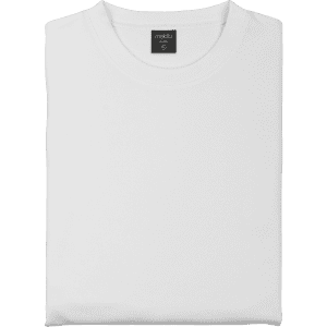 A white technical sweatshirt, neatly folded, featuring a label and a simple design.