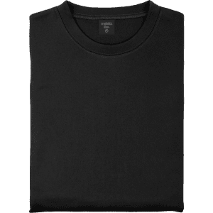 A black technical sweatshirt folded neatly with a round neckline and a branding label.