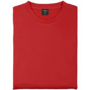 A red technical sweatshirt featuring a classic crew neck design and a tag with branding.