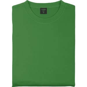 A folded green sweatshirt featuring a round neckline and a brand label inside.