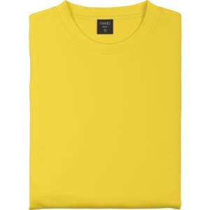 A folded bright yellow sweatshirt with a round neck and a logo on the label.