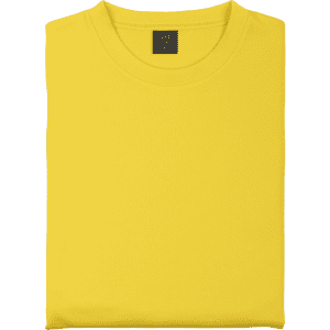 A folded yellow sweatshirt with a round neckline and a label inside. The sweatshirt has a logo.