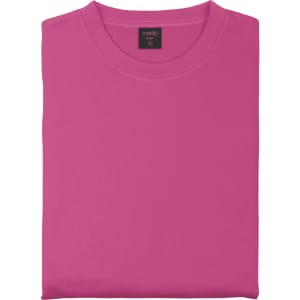 A pink sweatshirt folded neatly, featuring a neckline and a small logo label on the collar.