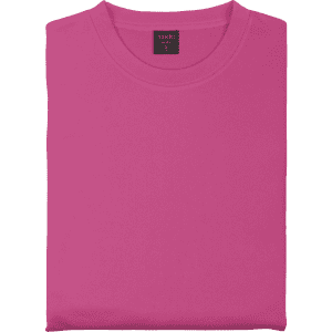 A folded pink technical sweatshirt featuring a crew neck and a label inside. The garment has a simple design.