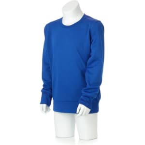 A blue technical sweatshirt on a display mannequin, featuring long sleeves and a crew neckline.