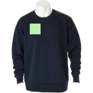 A navy technical sweatshirt featuring a green square patch and long sleeves. It has a plain design and a logo.