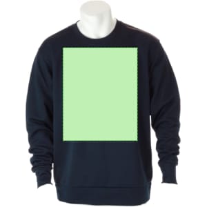 A navy sweatshirt featuring a large blank green area, displayed on a mannequin. The garment has a logo.