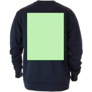 A dark navy sweatshirt featuring a large mint green rectangle on the back and a logo on the front.