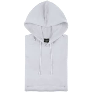 A white technical sweatshirt with a hood, featuring drawstrings and a kangaroo pocket. It has a brand logo.