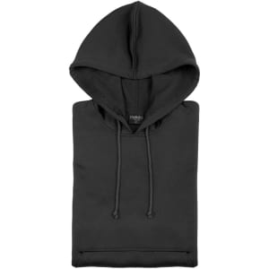 A black technical sweatshirt with a hood, featuring a logo and a casual design. It is neatly folded.