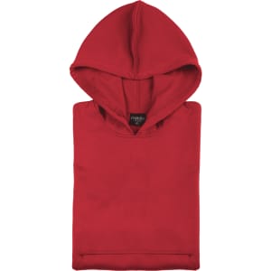 A red hooded sweatshirt folded neatly, featuring a front pocket and a logo on the label.