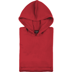 A red technical sweatshirt with a hood, displayed flat, featuring a logo on the label.