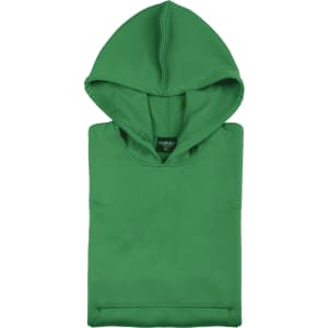 A folded green hoodie featuring a hood and long sleeves, with a branded label inside.