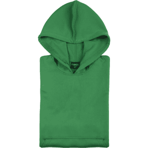 A green technical sweatshirt with a hood and a front pocket. It has a logo on the label.