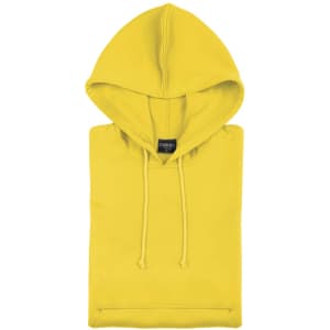A bright yellow technical sweatshirt with a hood, featuring a front pocket and drawstrings. It has a logo.
