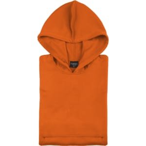 An orange hoodie with a large hood, featuring a logo, folded neatly.