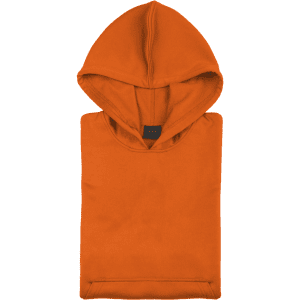 An orange technical sweatshirt features a hood and a front pocket. It has a logo on the label.