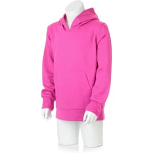 A pink technical sweatshirt with a hood and pocket, displayed on a mannequin. Features a logo.