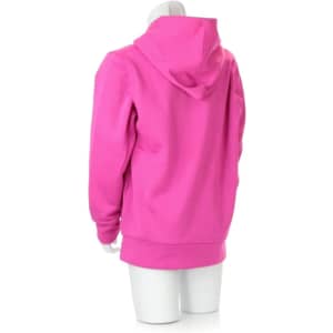 A bright pink technical sweatshirt with a hood, featuring a logo, displayed on a mannequin from the back.