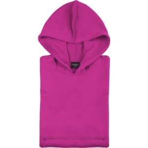 A pink technical sweatshirt with a hood, featuring a logo, folded neatly for display.