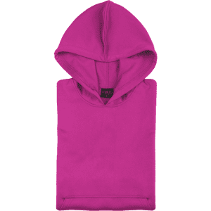 A bright pink technical sweatshirt with a hood, featuring a branding logo on the label.