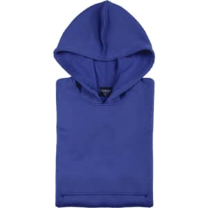 A purple technical sweatshirt with a hood, featuring a label inside, folded neatly.