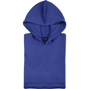 A blue technical sweatshirt with a hood and kangaroo pocket, featuring a small logo on the front.