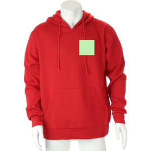 A red hoodie with a front pocket and an empty square on the chest area. It has a hood and long sleeves.