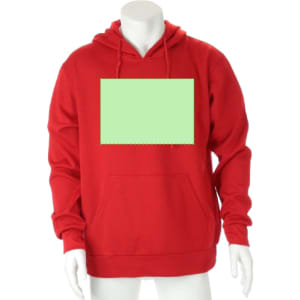 A bright red hoodie featuring a front pocket and a logo area for customisation.