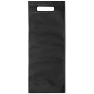 A black promotional bag with a handle, featuring a minimalist design and a branding logo.