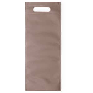 A brown bag with a cut-out handle and a simple, minimalist design. It features a logo.