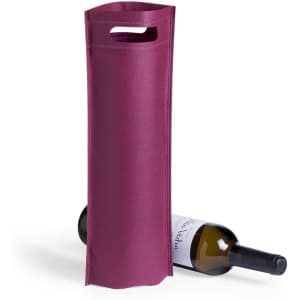 A magenta wine bottle bag with a handle, standing upright beside a wine bottle. The bag has a simple design and a logo.