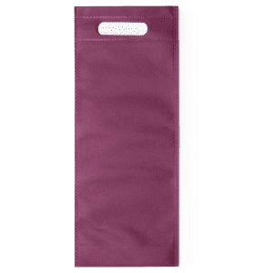 A maroon bag with a top handle and a single compartments, featuring a branding logo.