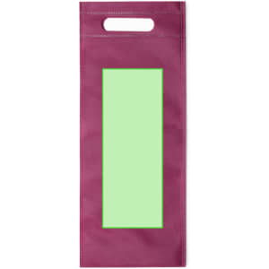 A maroon bag with a handle and a green rectangular space for a label or logo. It has a simple, sleek design.