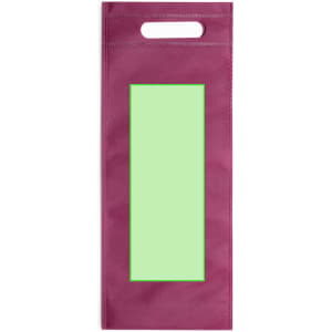 A deep burgundy bag with a green rectangular cut-out panel and a handle at the top. It has a logo.
