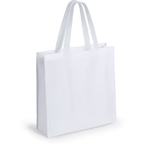 A white tote bag with two handles and a simple design, featuring a logo on one side.