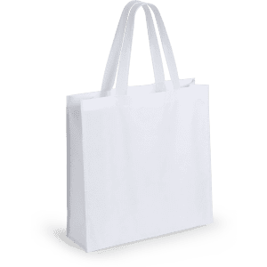 A white bag with two handles, featuring a simple design and a branding logo.