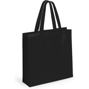 A black tote bag with long handles and a glossy finish, featuring a logo on one side.
