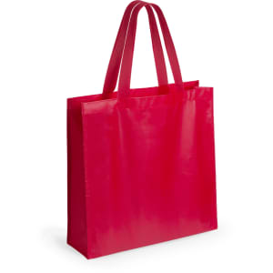 A bright red tote bag with two handles and a glossy finish. Features a logo on the front.