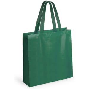 A green tote bag with two handles, featuring a simple design and a glossy finish. It includes a logo.