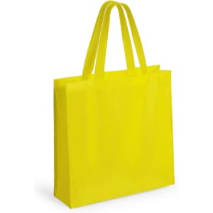 A bright yellow tote bag with two handles and a simple design, featuring a logo.