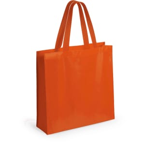 An orange tote bag with two handles and a glossy finish, featuring a logo on one side.