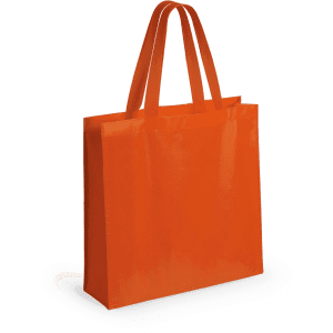 An orange tote bag with two handles and a flat bottom, featuring a logo.