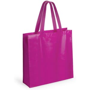 A pink tote bag with two handle straps, featuring a glossy finish. The bag also has a branding logo.