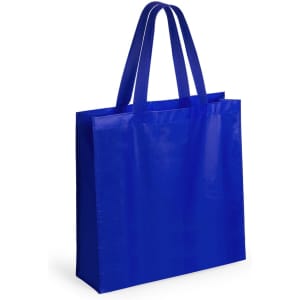 A blue tote bag with two handles, featuring a glossy finish and no visible logos.