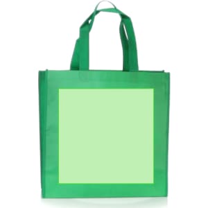 A green tote bag with a large blank area for custom designs. It features two sturdy handles.